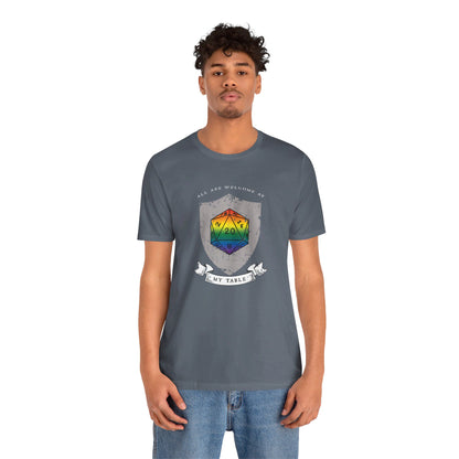 All Are Welcome At My Table | Ally | Game Mater| Dungeon Master | Pride Flag D20 T-Shirt | Unisex T-Shirt | Nerdy Non-Binary Pride