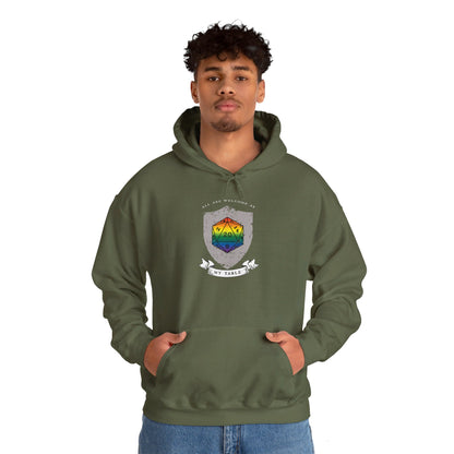 All Are Welcome At My Table | Ally | Game Master| Dungeon Master | Nerdy Pride Flag D20 T-Shirt | Unisex Heavy Blend™ Hooded Sweatshirt