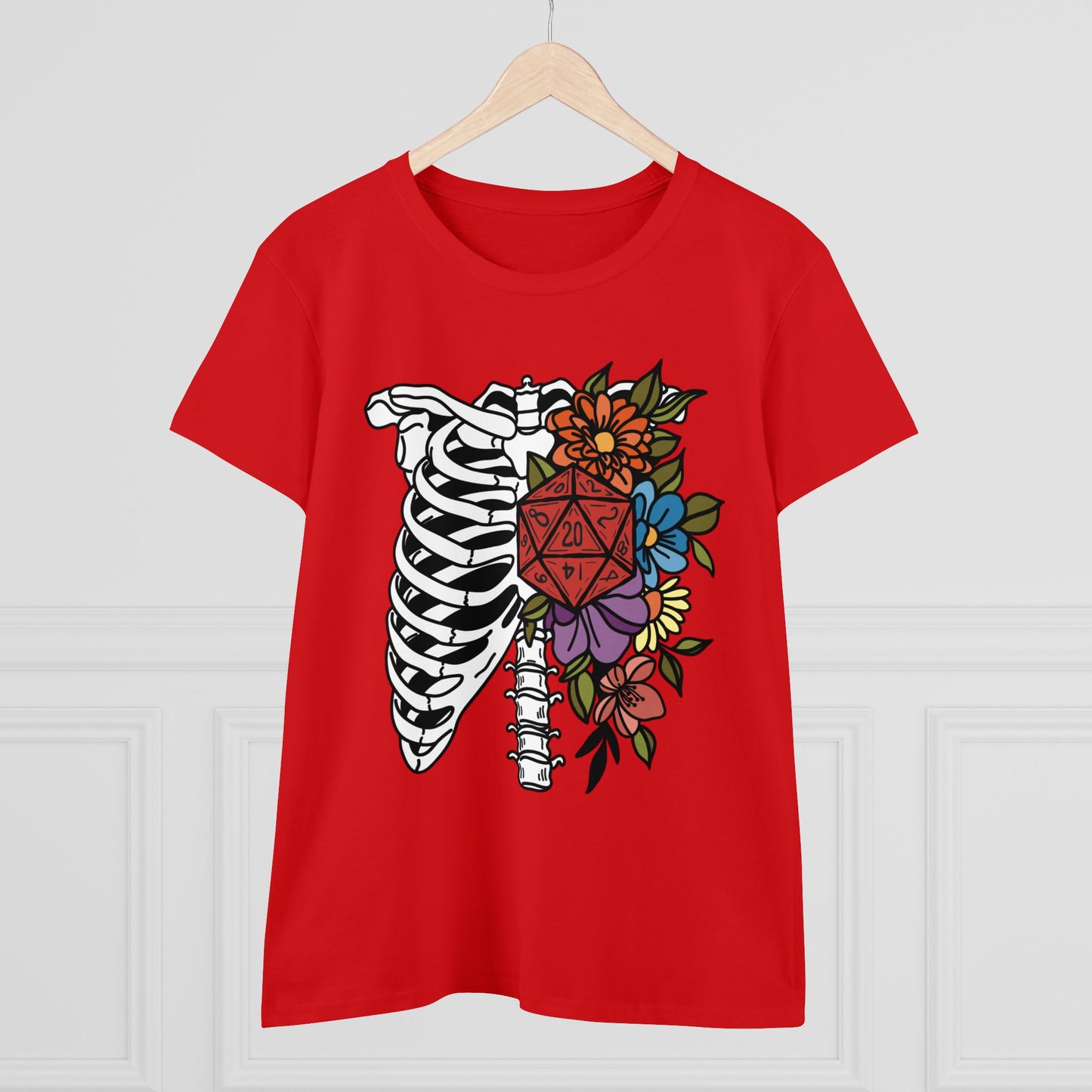 D20 Floral Skeleton Ribcage Women's Midweight Cotton Tee