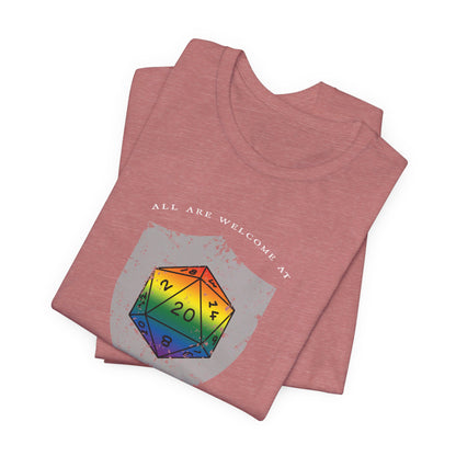 All Are Welcome At My Table | Ally | Game Mater| Dungeon Master | Pride Flag D20 T-Shirt | Unisex T-Shirt | Nerdy Non-Binary Pride