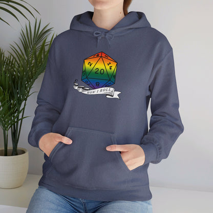 Nerdy Rainbow Flag Pride | How I Roll | Pride Flag D20 Hoodie | Unisex Heavy Blend™ Hooded Sweatshirt