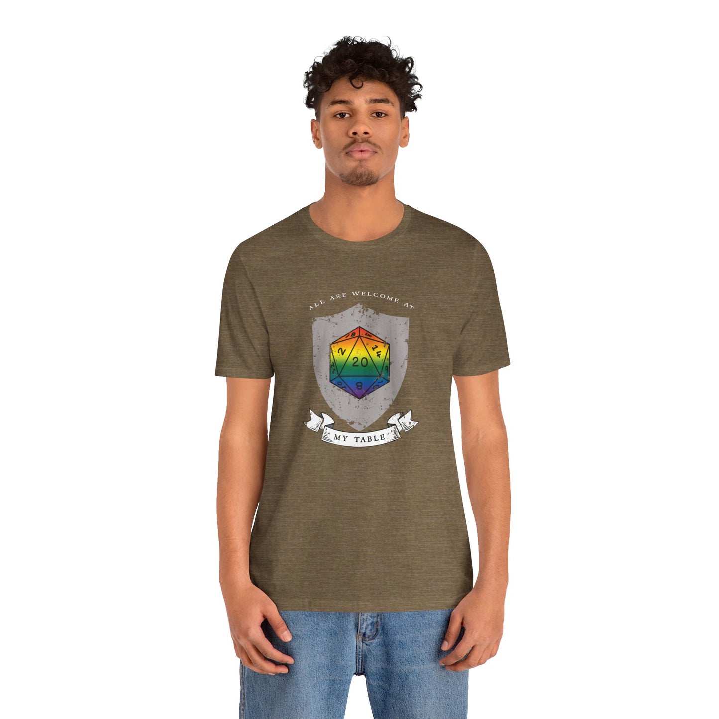 All Are Welcome At My Table | Ally | Game Mater| Dungeon Master | Pride Flag D20 T-Shirt | Unisex T-Shirt | Nerdy Non-Binary Pride