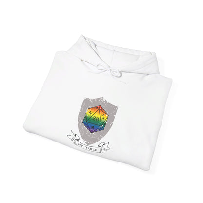 All Are Welcome At My Table | Ally | Game Master| Dungeon Master | Nerdy Pride Flag D20 T-Shirt | Unisex Heavy Blend™ Hooded Sweatshirt