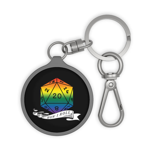 D20 Rainbow Pride Flag Keychain, "How I Roll", LGBTQ Pride Keyring Bag Tag