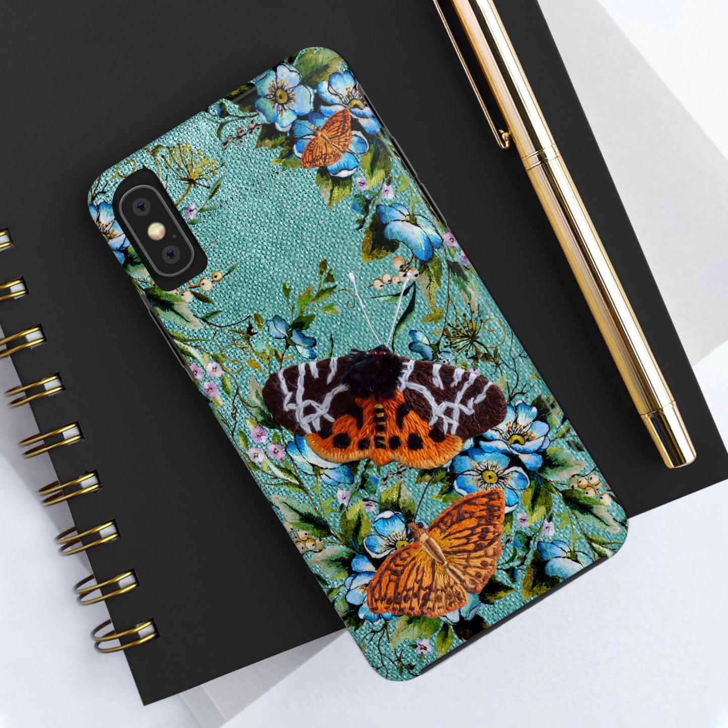 Vintage Blooms and Butterflies Phone Case Embroidered Look Floral Cottagecore Phone Cover, iPhone, Pixel, Samsung