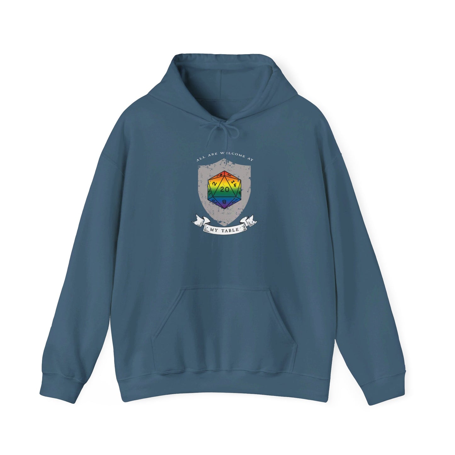 All Are Welcome At My Table | Ally | Game Master| Dungeon Master | Nerdy Pride Flag D20 T-Shirt | Unisex Heavy Blend™ Hooded Sweatshirt