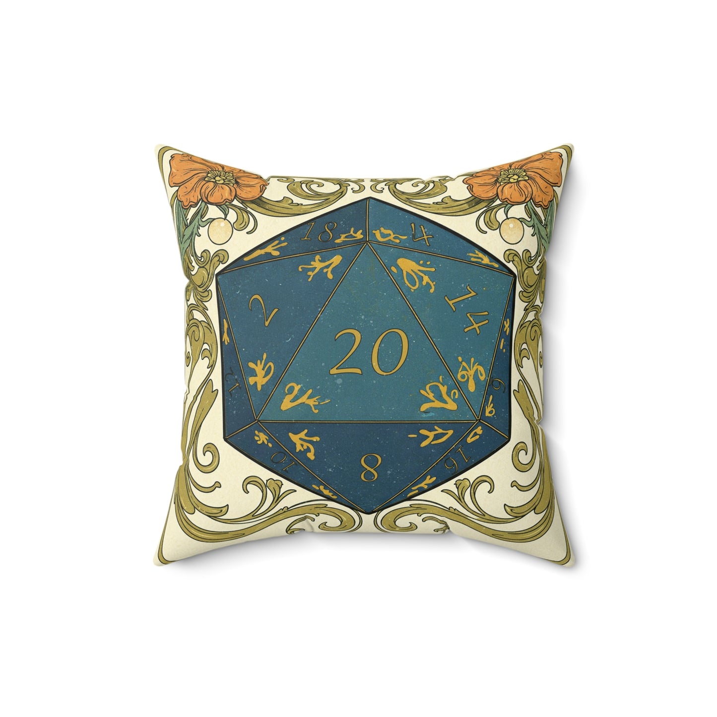 D20 Dice Pillow, Elegant Gaming Decor, RPG Themed Cushion, Art Nouveau Inspired, Dungeons & Dragons Fans Gift, Unique Home Accent, Spun