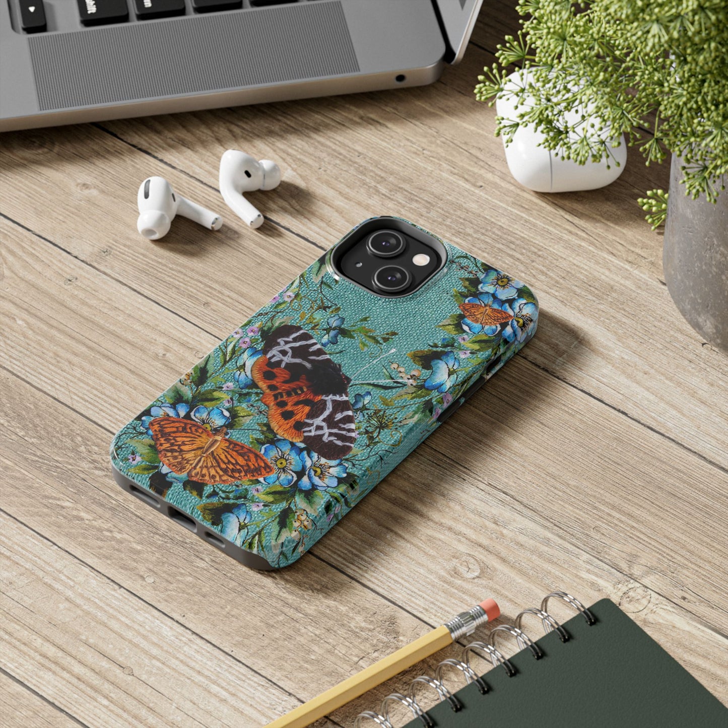 Vintage Blooms and Butterflies Phone Case Embroidered Look Floral Cottagecore Phone Cover, iPhone, Pixel, Samsung