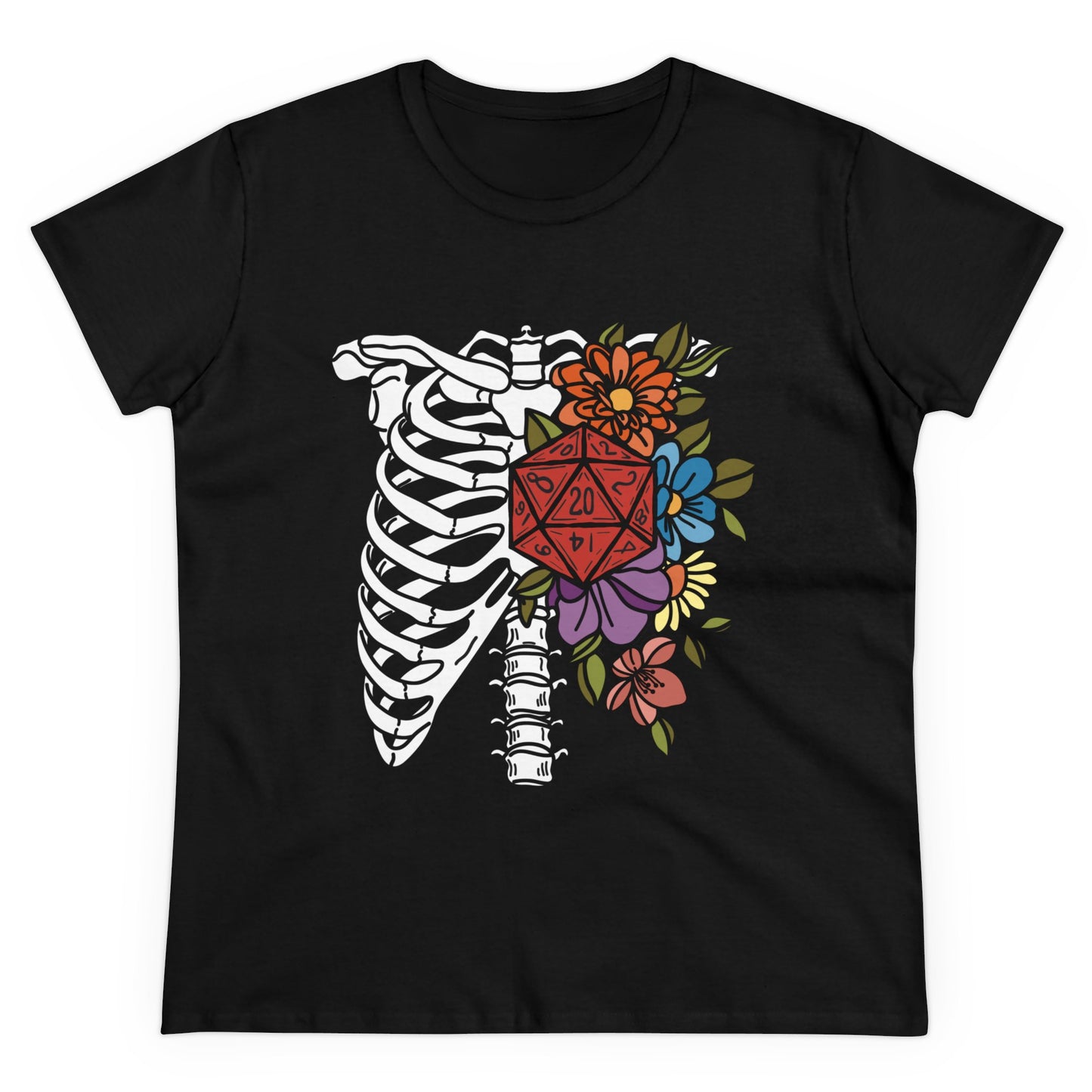 D20 Floral Skeleton Ribcage Women's Midweight Cotton Tee