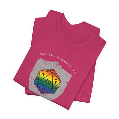 All Are Welcome At My Table | Ally | Game Mater| Dungeon Master | Pride Flag D20 T-Shirt | Unisex T-Shirt | Nerdy Non-Binary Pride