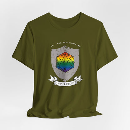 All Are Welcome At My Table | Ally | Game Mater| Dungeon Master | Pride Flag D20 T-Shirt | Unisex T-Shirt | Nerdy Non-Binary Pride