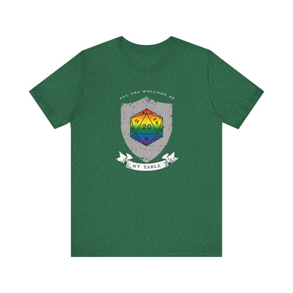 All Are Welcome At My Table | Ally | Game Mater| Dungeon Master | Pride Flag D20 T-Shirt | Unisex T-Shirt | Nerdy Non-Binary Pride