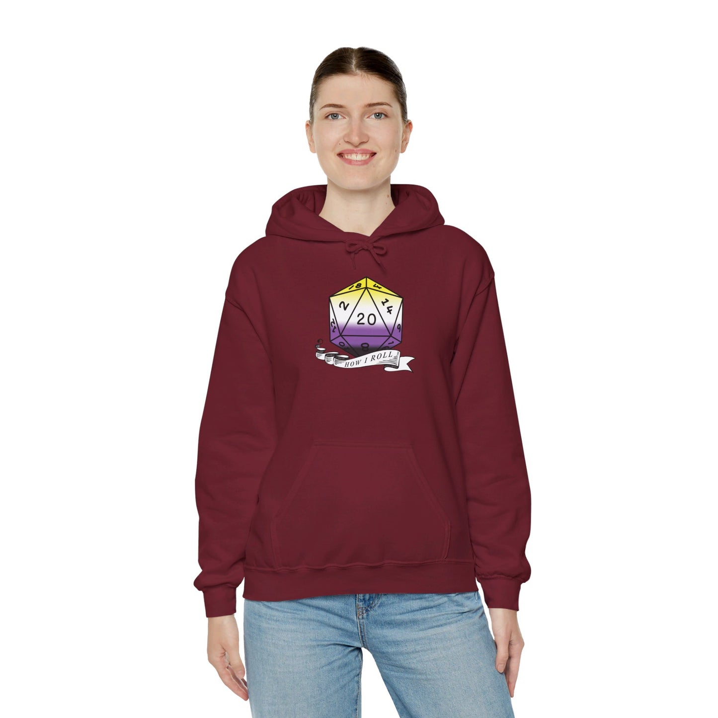 Nerdy Non-Binary Flag Pride | How I Roll | Pride Flag D20 Hoodie | Unisex Heavy Blend™ Hooded Sweatshirt