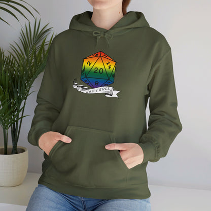 Nerdy Rainbow Flag Pride | How I Roll | Pride Flag D20 Hoodie | Unisex Heavy Blend™ Hooded Sweatshirt