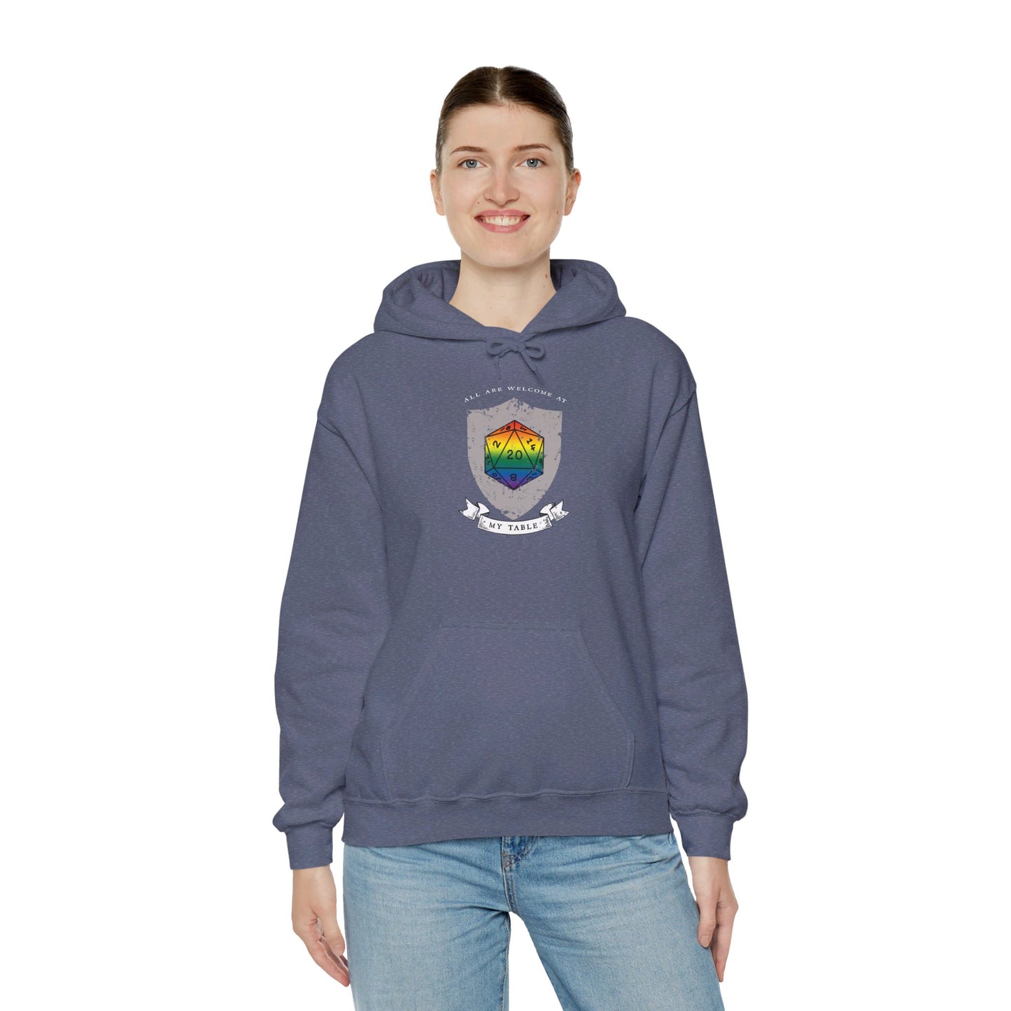 All Are Welcome At My Table | Ally | Game Master| Dungeon Master | Nerdy Pride Flag D20 T-Shirt | Unisex Heavy Blend™ Hooded Sweatshirt