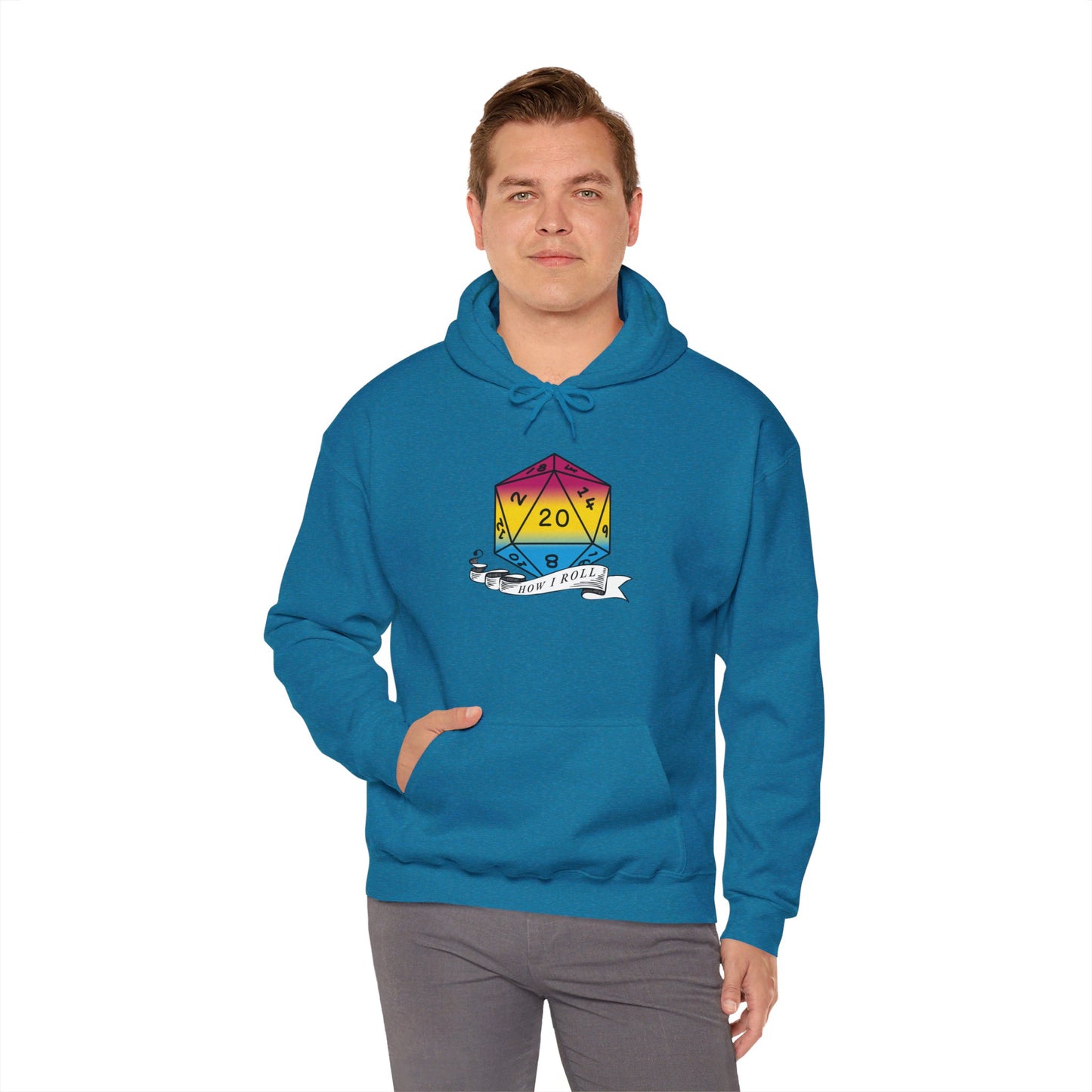 Nerdy Pansexual Flag Pride | How I Roll | Pride Flag D20 Hoodie | Unisex Heavy Blend™ Hooded Sweatshirt