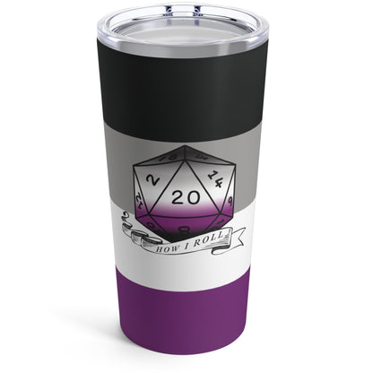 A 20 oz stainless steel tumbler with a black, purple, and white color scheme. It features a D20 (dice) symbol and text 'How I Roll' related to gaming.