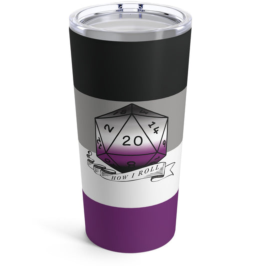 A 20 oz stainless steel tumbler with a black, purple, and white color scheme. It features a D20 (dice) symbol and text 'How I Roll' related to gaming.