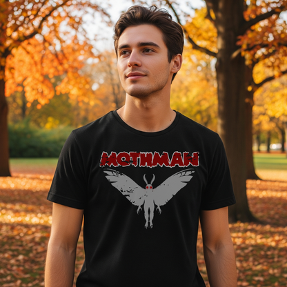 Man wearing a black t-shirt with 'Mothman' design in an autumn park