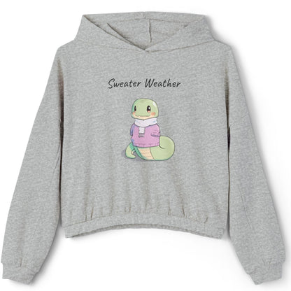 Gray hoodie with a cartoon character and 'Sweater Weather' text on a white background