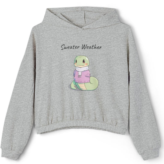Gray hoodie with a cartoon character and 'Sweater Weather' text on a white background