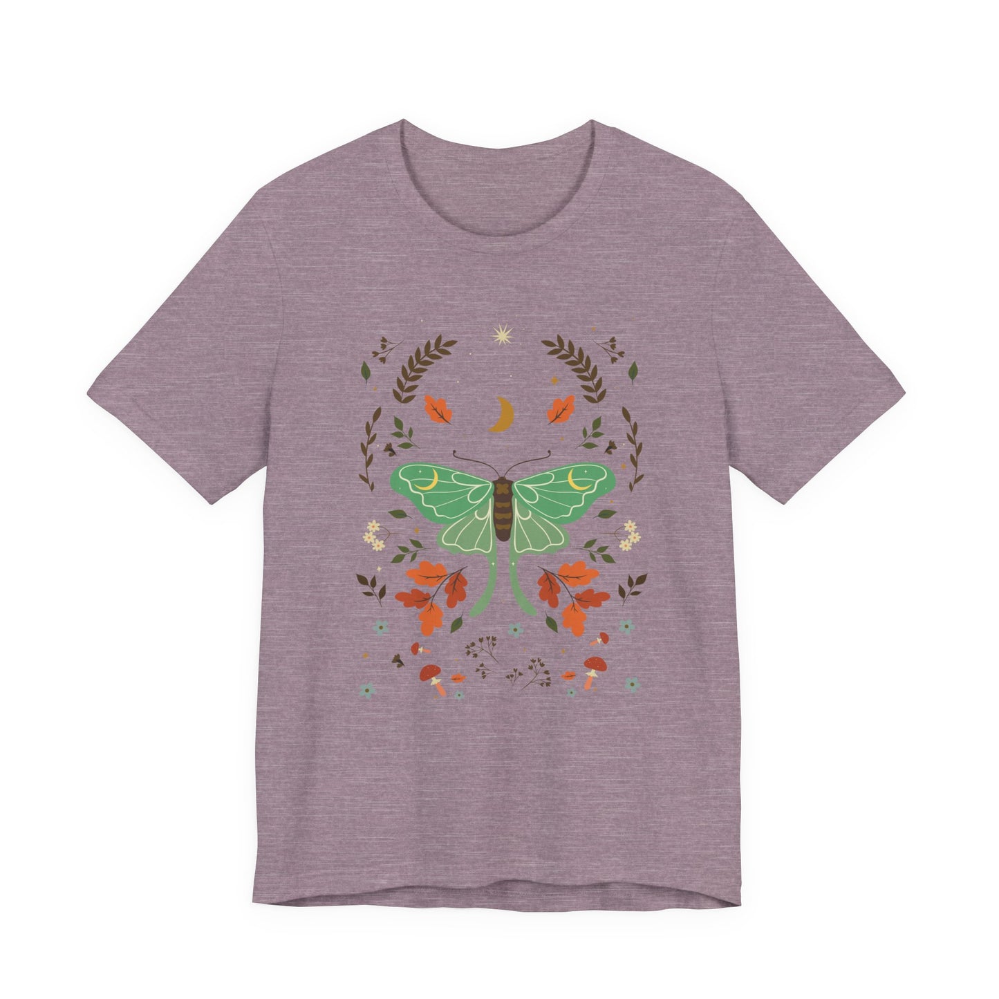 Purple t-shirt with a green butterfly design on a white background