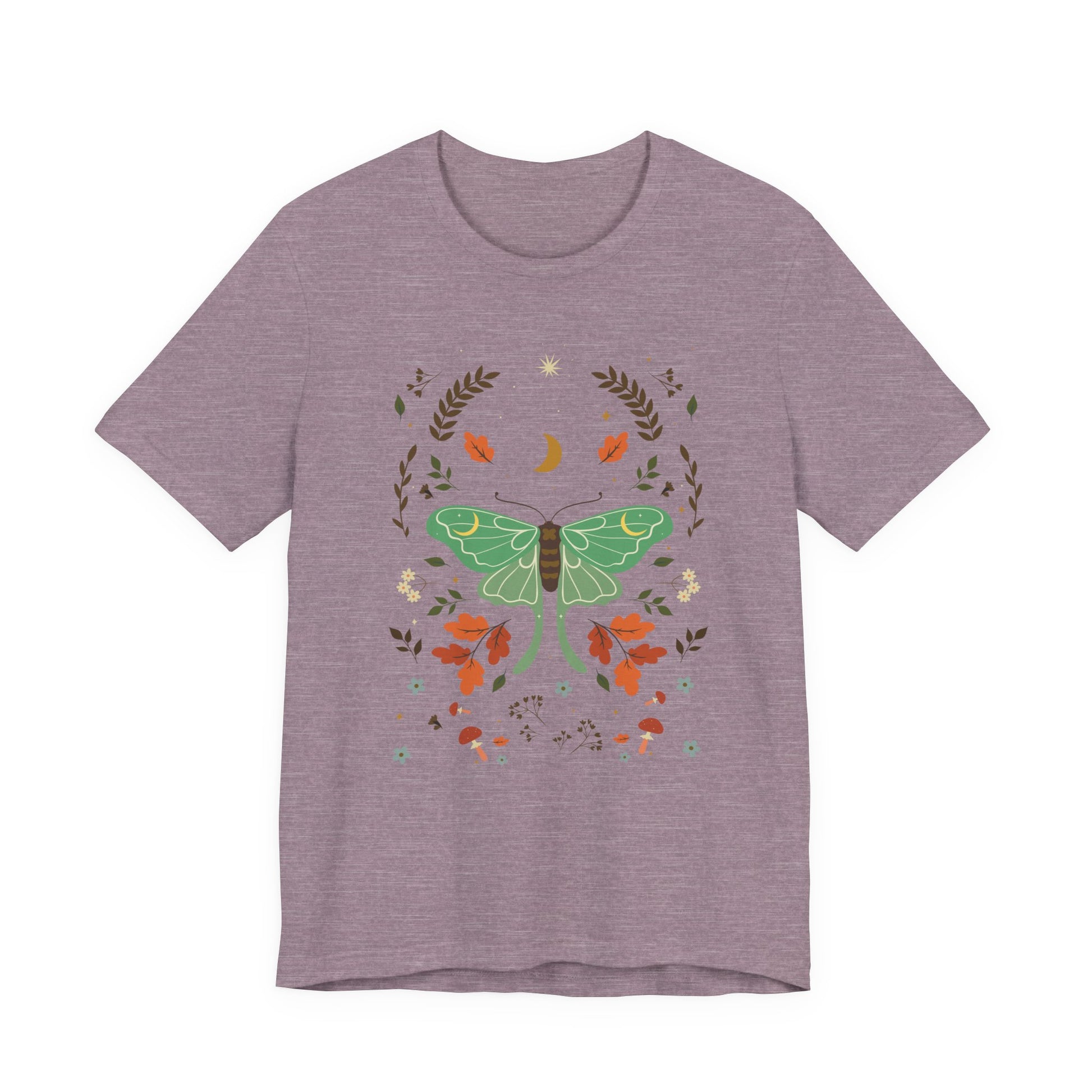 Purple t-shirt with a green butterfly design on a white background