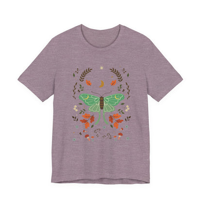 Purple t-shirt with a green butterfly design on a white background