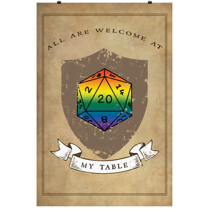 Decorative poster with a rainbow-colored D20 die and 'All are welcome at my table' text on a brown background.