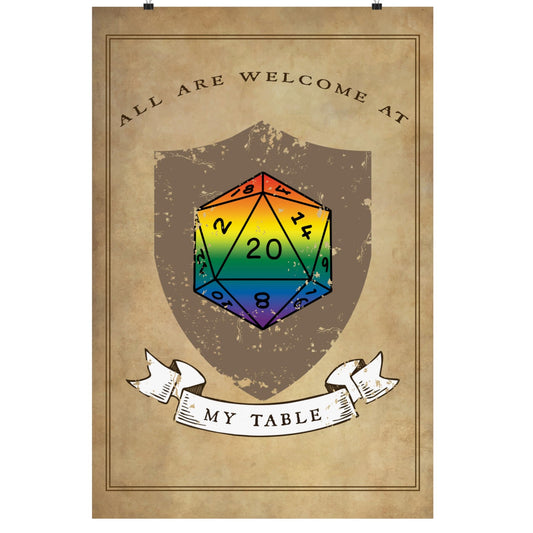 Decorative poster with a rainbow-colored D20 die and 'All are welcome at my table' text on a brown background.