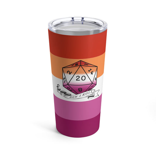 A 20 oz stainless steel tumbler with a multicolored geometric pattern and a dice symbol, indicating it's a Nerdy Lesbian Pride Tumbler.