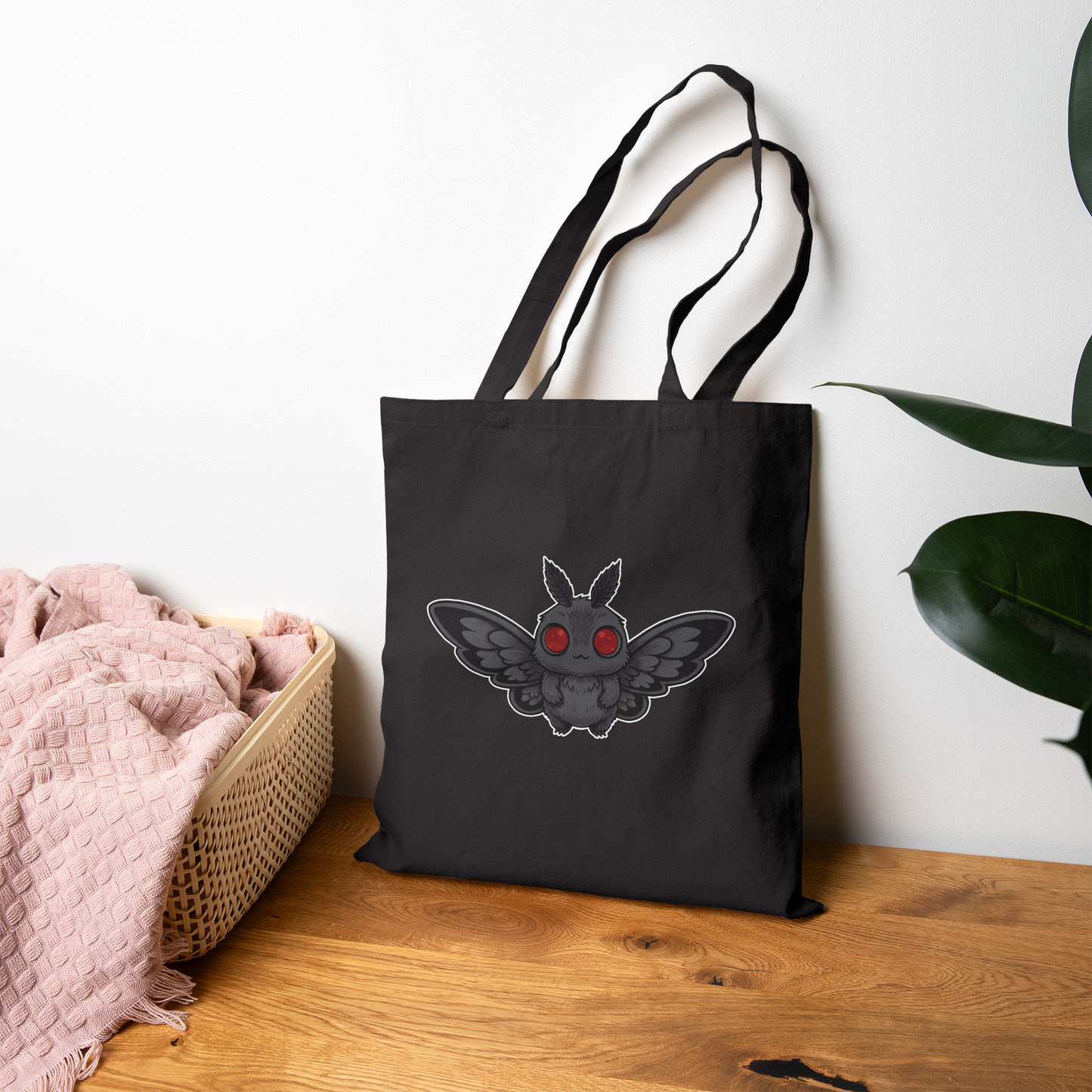 Cute Chibi Mothman Book Bag - Black Cotton Canvas Tote for Books & Everyday Essentials | Cryptid Core Spooky Kawaii Gift