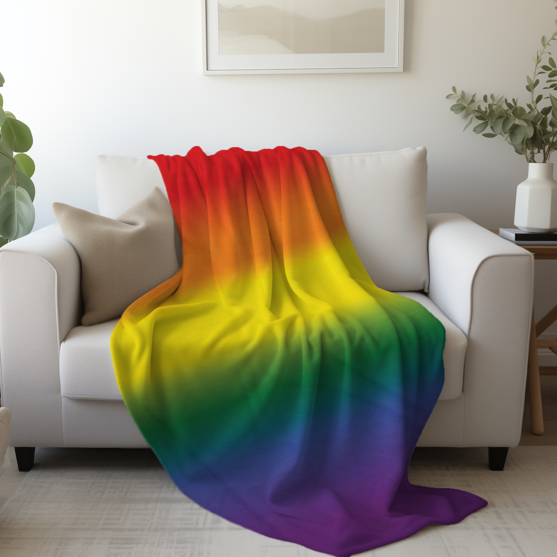 Rainbow gradient blanket draped over a white sofa in a living room setting.