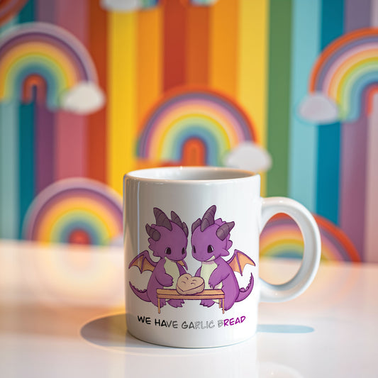 A coffee mug with an image of two purple, gray and white dragons making garlic bread together.  Text below the dragons reads, "We have garlic bread".  The text is written in the colors of the Asexual Pride flag. 